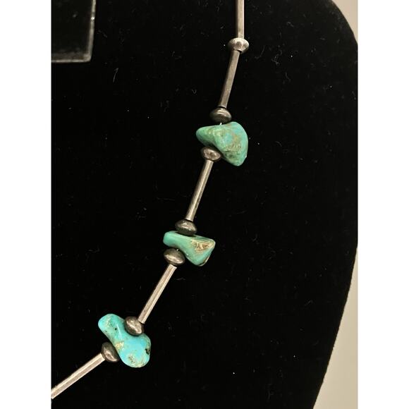 Native American Silver Bead, Turquoise Nuggets Vintage Necklace Choker 15” - Picture 4 of 8